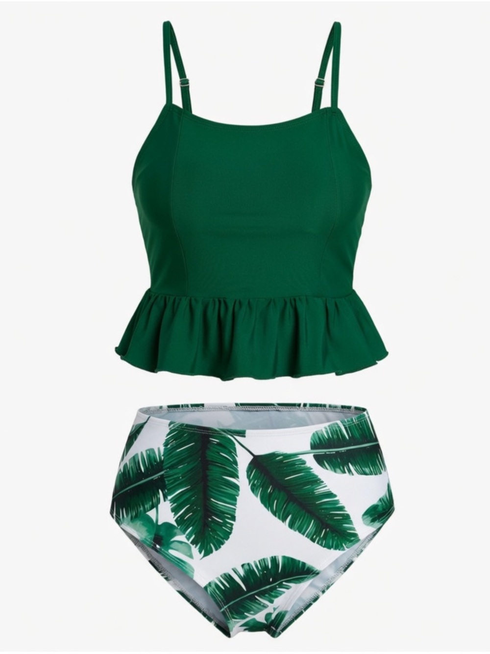 New 2pc Peplum Ruffle High-Waisted Bikini Green Tropical Tankini Set